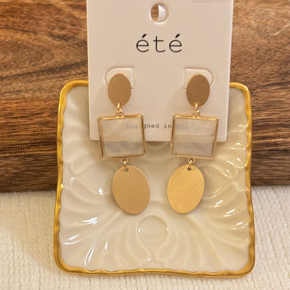 Gold Post Back Earrings with Mother of Pearl Square