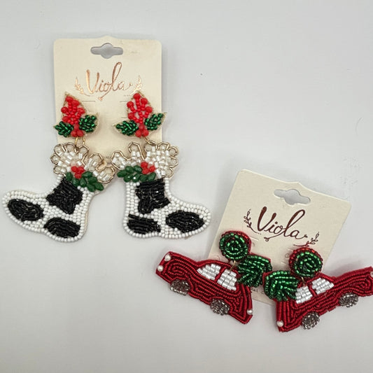 Christmas Statement Seed Bead Post Back Earrings ~Cow Print Boots • Car with Tree