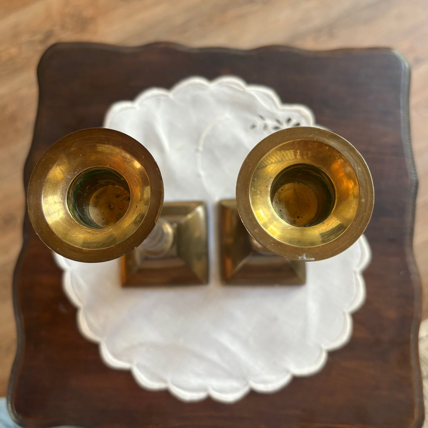 Pair of Brass and Lucite Candlesticks
