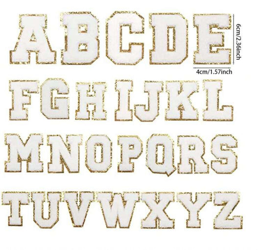 Chenille Iron On Patches White Trimmed in Gold