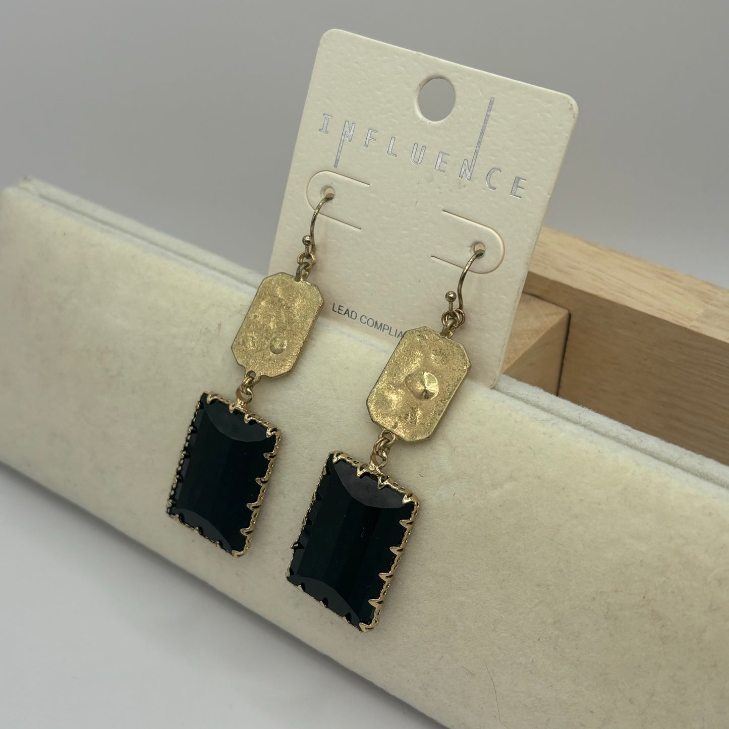 Hammered Gold Metal Dangle Earrings with Black Stone