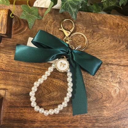 Green Fabric Bow & Pearl Keychain with Bow Charm