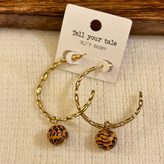 Gold Chainlink Half Hoop Post Back Earrings with Leopard Print Charm