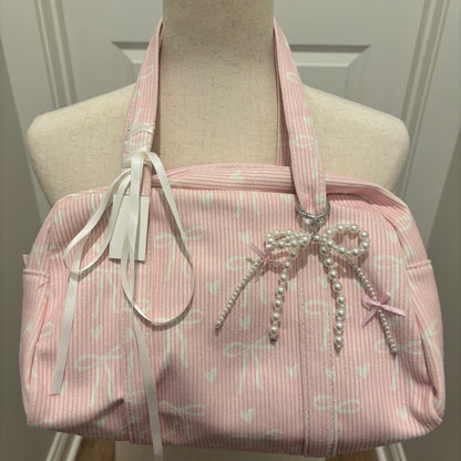 Pink Bag with White Bows Decorated with Ribbon and Pearls