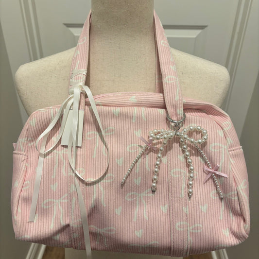 Pink Bag with White Bows Decorated with Ribbon and Pearls