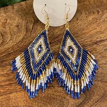 Blue & Gold Seed Bead Fringe Dangle Earrings