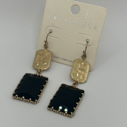 Hammered Gold Metal Dangle Earrings with Black Stone