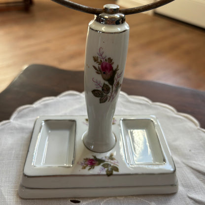 Mid Century Moss Rose Make Up Vanity Double Mirror on Porcelain Foot Made in Japan