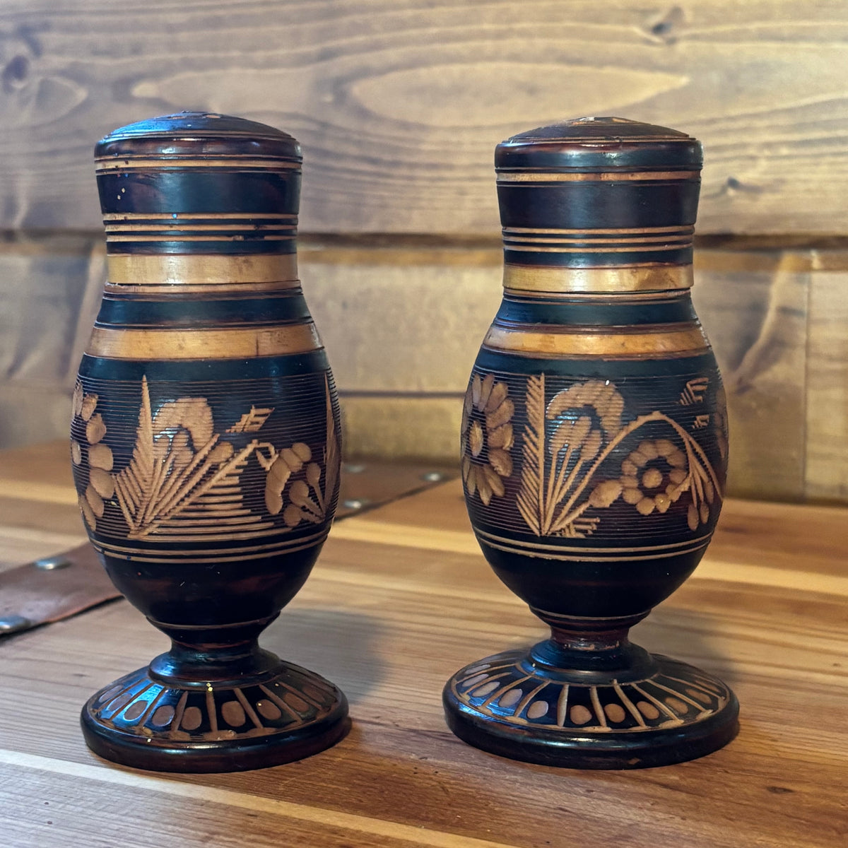 Carved Wood Salt & Pepper and Toothpick Holder Set