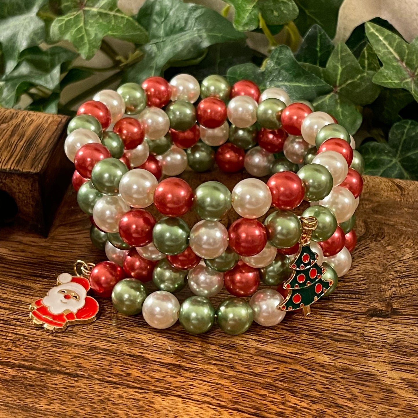 Christmas Wrap Bracelet Featuring Red, Green, White Beads with Santa & Christmas Tree Charms