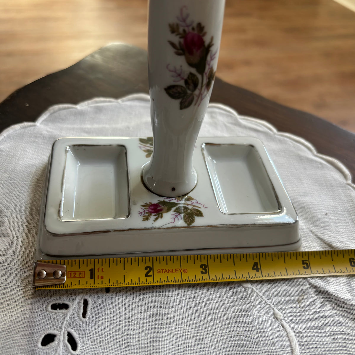 Mid Century Moss Rose Make Up Vanity Double Mirror on Porcelain Foot Made in Japan