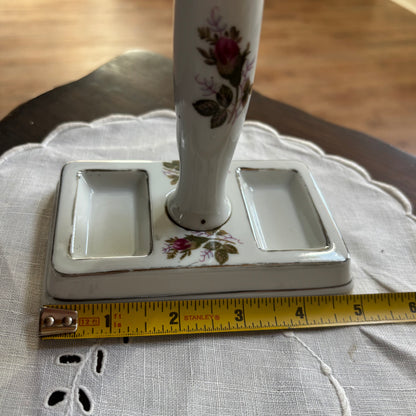 Mid Century Moss Rose Make Up Vanity Double Mirror on Porcelain Foot Made in Japan