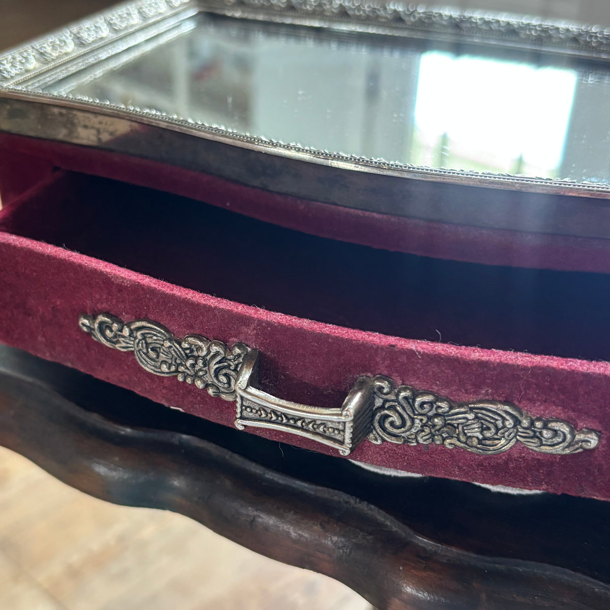 Vintage Red Velvet Footed Hollywood Regency Style Vanity Dresser Jewelry Box