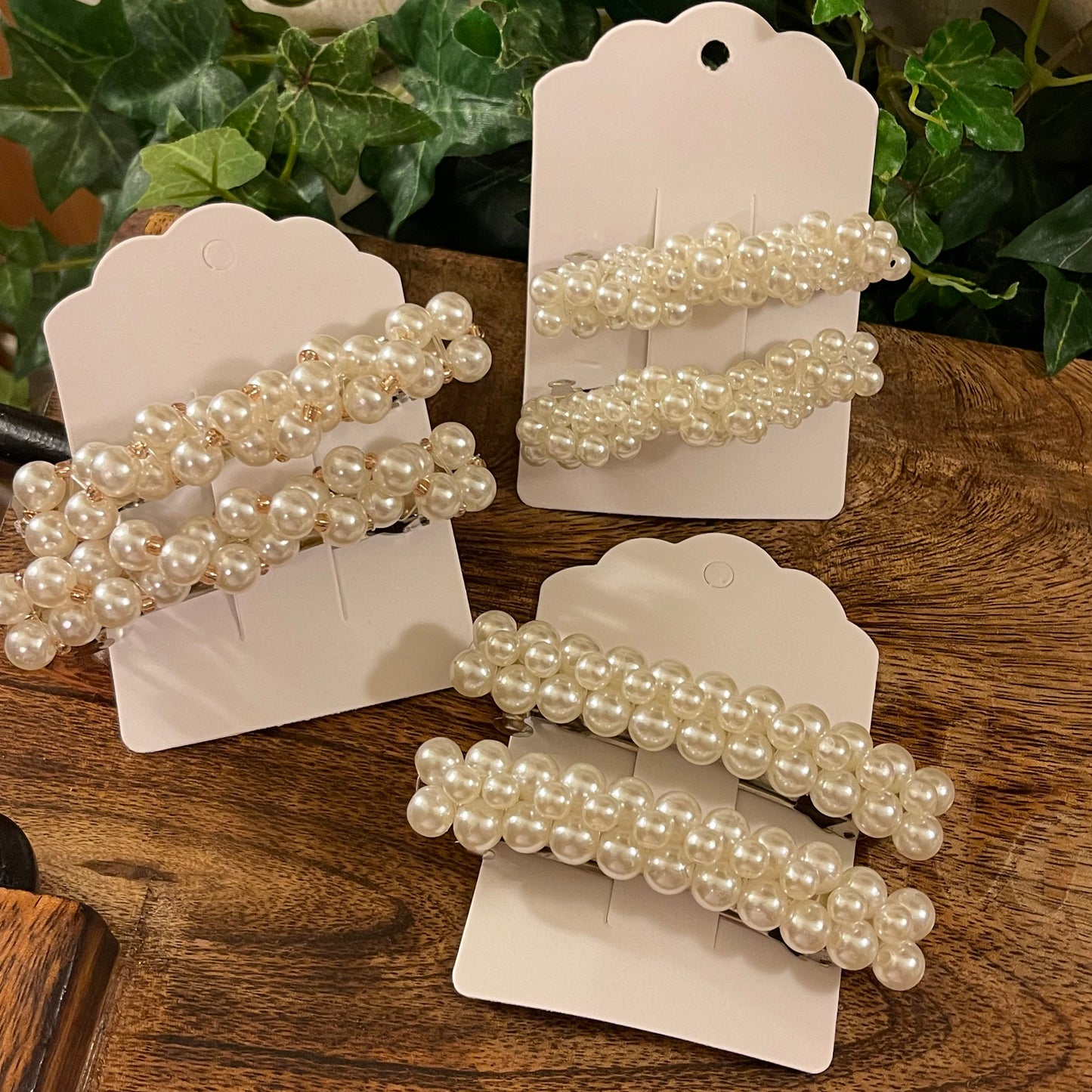 Beaded Pearl or Pearl and Gold French Clip Barrette Set of 2