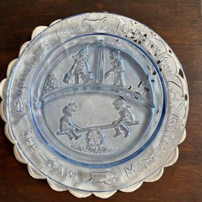 Indiana Glass Tiara Nursery Rhymes Blue Glass Children's Dinnerware - Mug, Cereal Bowl And Three Compartment Plate