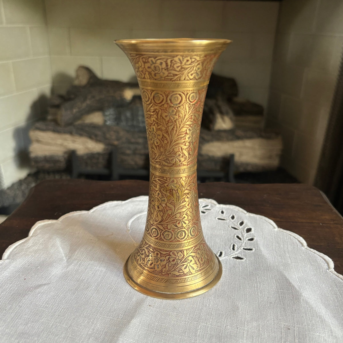Etched Floral Brass Vase