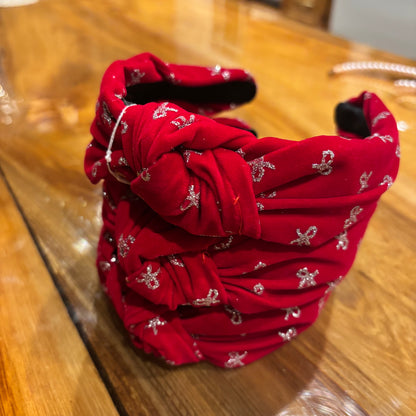 Top Knot Headband Red with Silver Bows