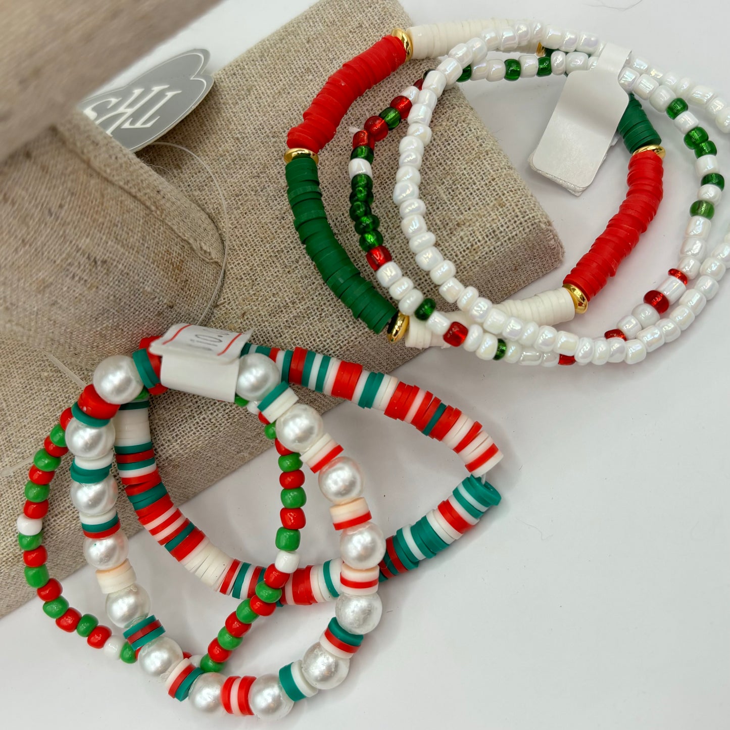 Christmas Heishi Bead and Pearl Bracelet Set