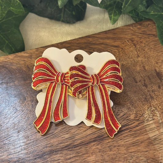 Bow Post Back Earrings Red & Gold