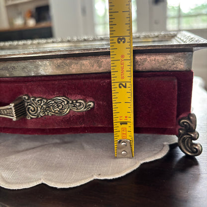Vintage Red Velvet Footed Hollywood Regency Style Vanity Dresser Jewelry Box