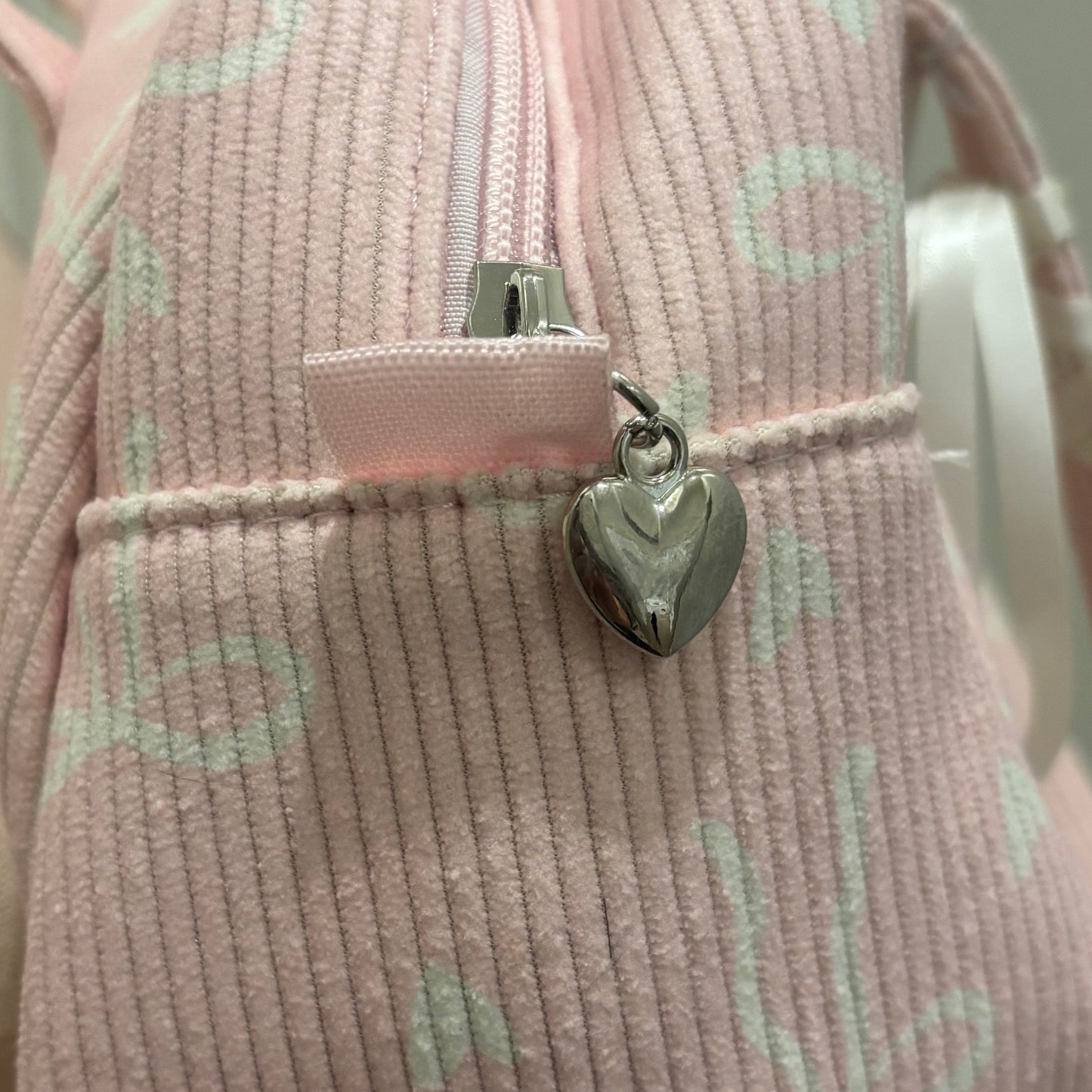 Pink Bag with White Bows Decorated with Ribbon and Pearls