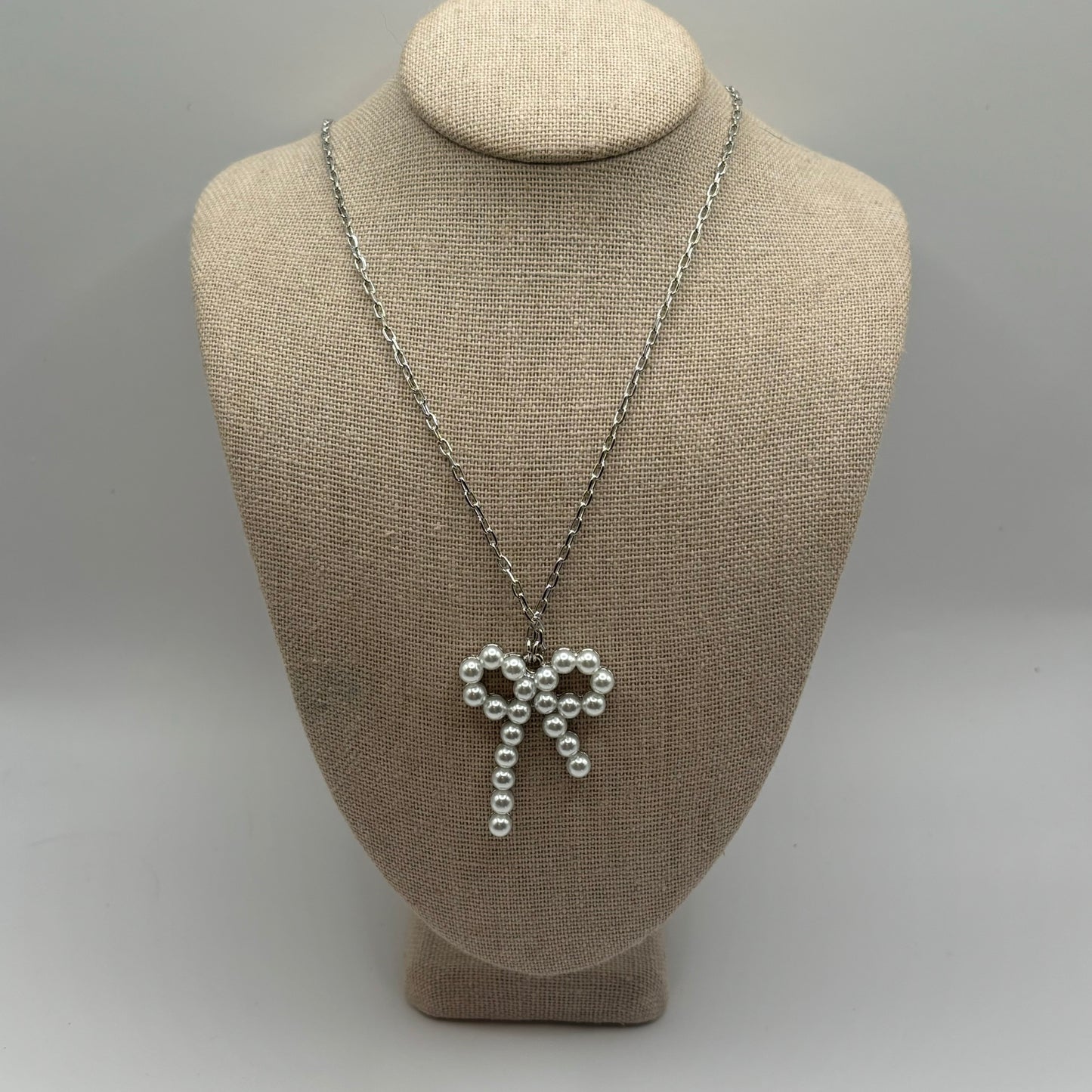 Chain Link Necklace Featuring Pearl Studded Bow Pendant or Earrings