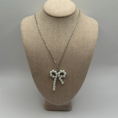 Chain Link Necklace Featuring Pearl Studded Bow Pendant or Earrings