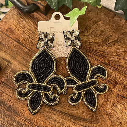 GameDay: Black and Gold Fleur de Lis Seed Bead Statement Earrings