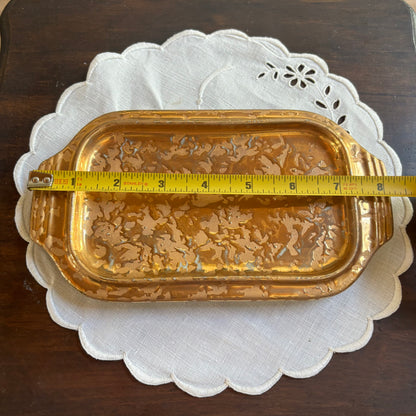 1950s mid-century "weeping bright gold" ceramic creamer and sugar set with a matching tray.