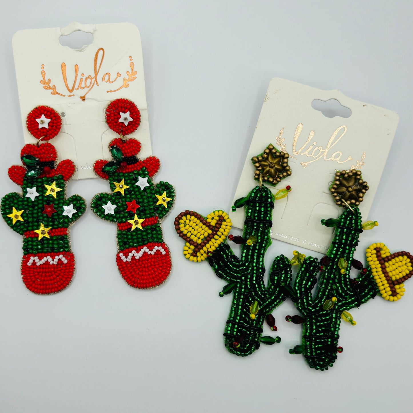 Christmas Statement Seed Bead Drop Earrings ~ Cowgirl Cactus • Cactus with Lights