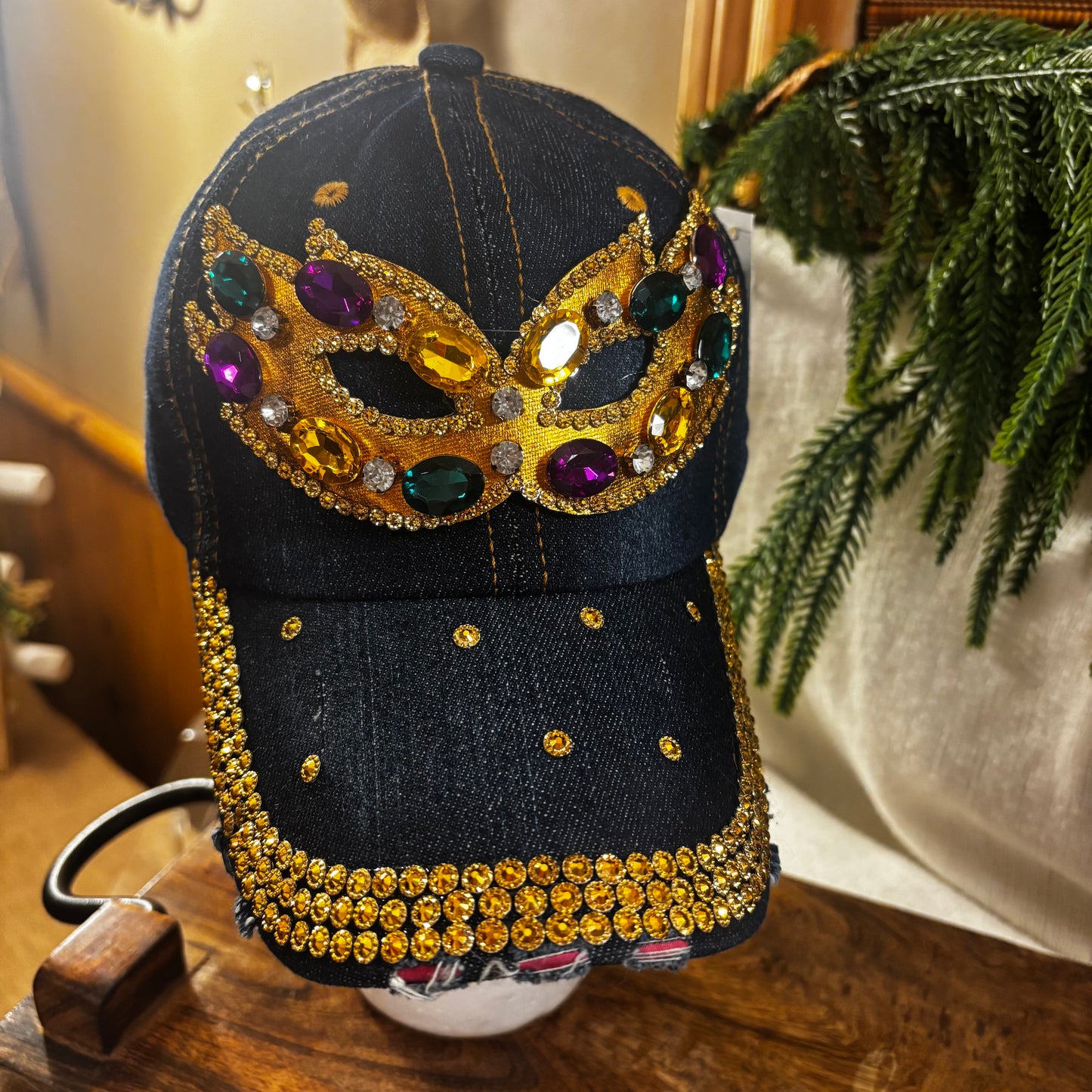 Mardi Gras Denim Hat with Mask and Green, Purple, Gold Stones