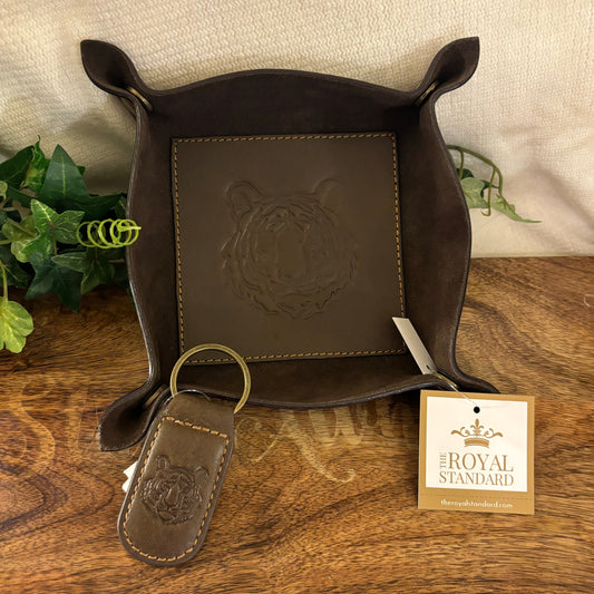 Tiger Leather Embossed Valet Tray Dark Brown • Tiger Leather Embossed Keychain • Dark Brown