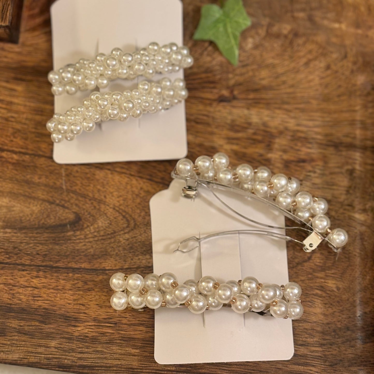 Beaded Pearl or Pearl and Gold French Clip Barrette Set of 2