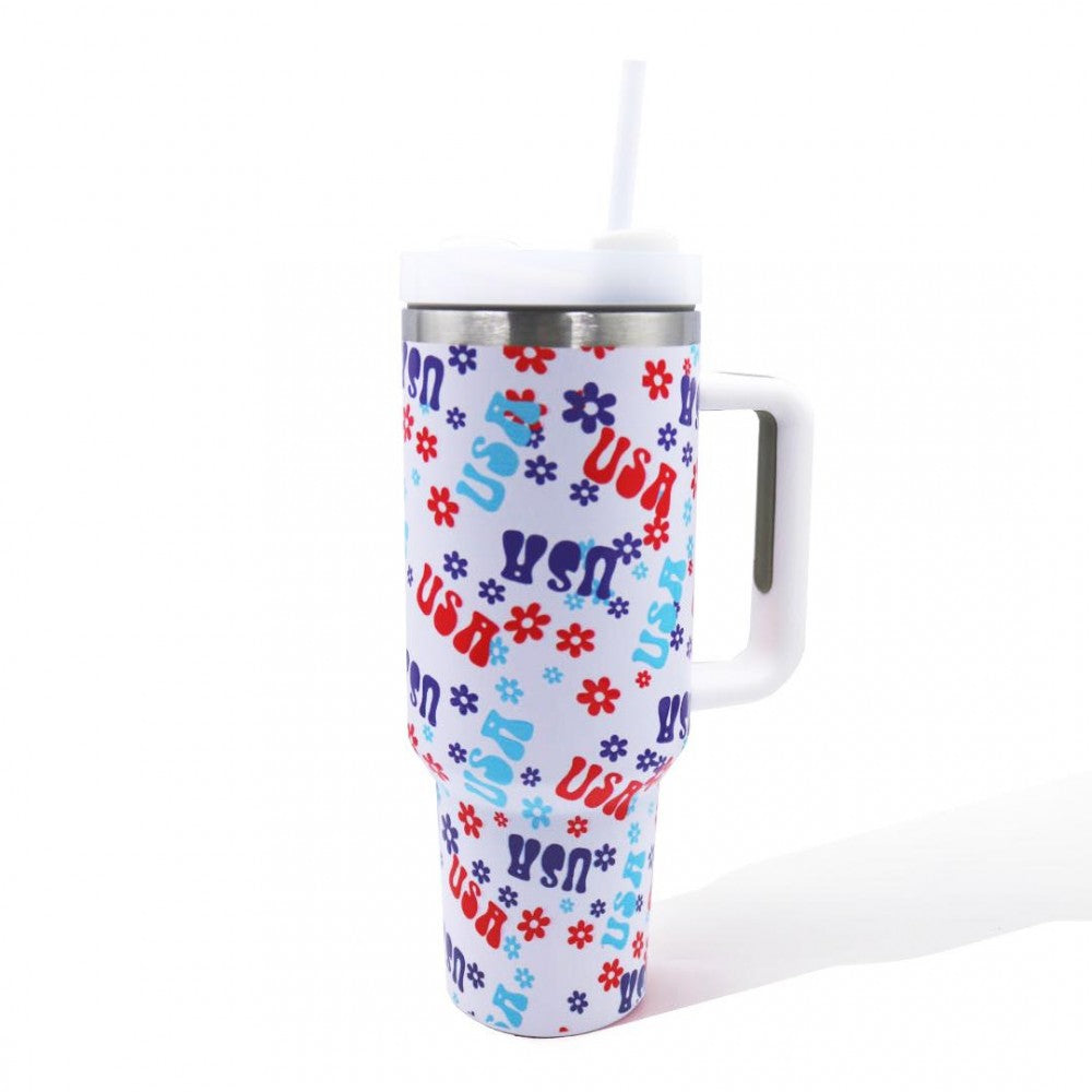 Retro USA and Flower Printed 40oz Double Wall Stainless Steel Vacuum Tumbler With Handle