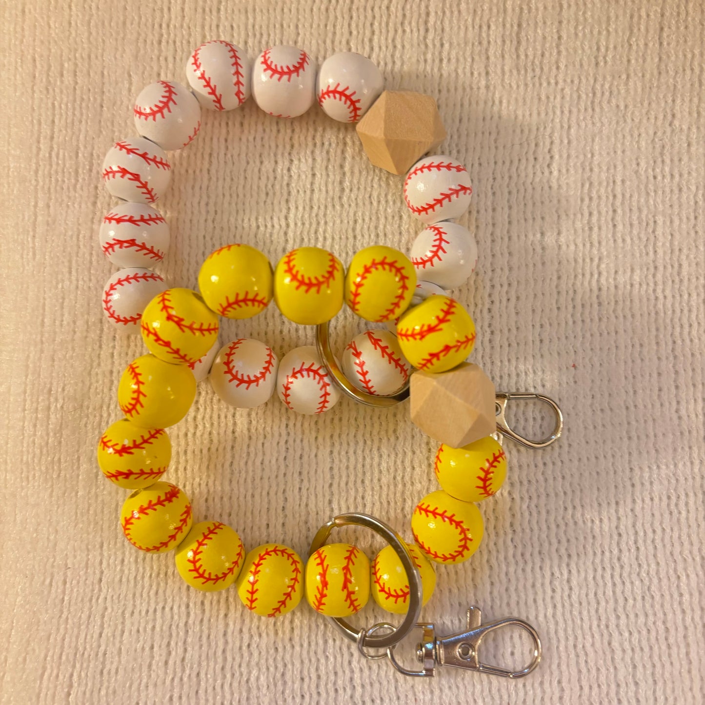 Baseball or Softball Chunky Wooden Bead Bangle Bracelet Key Ring