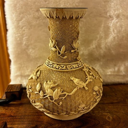 Vintage Ivory Carved Resin on Brass Vase Birds