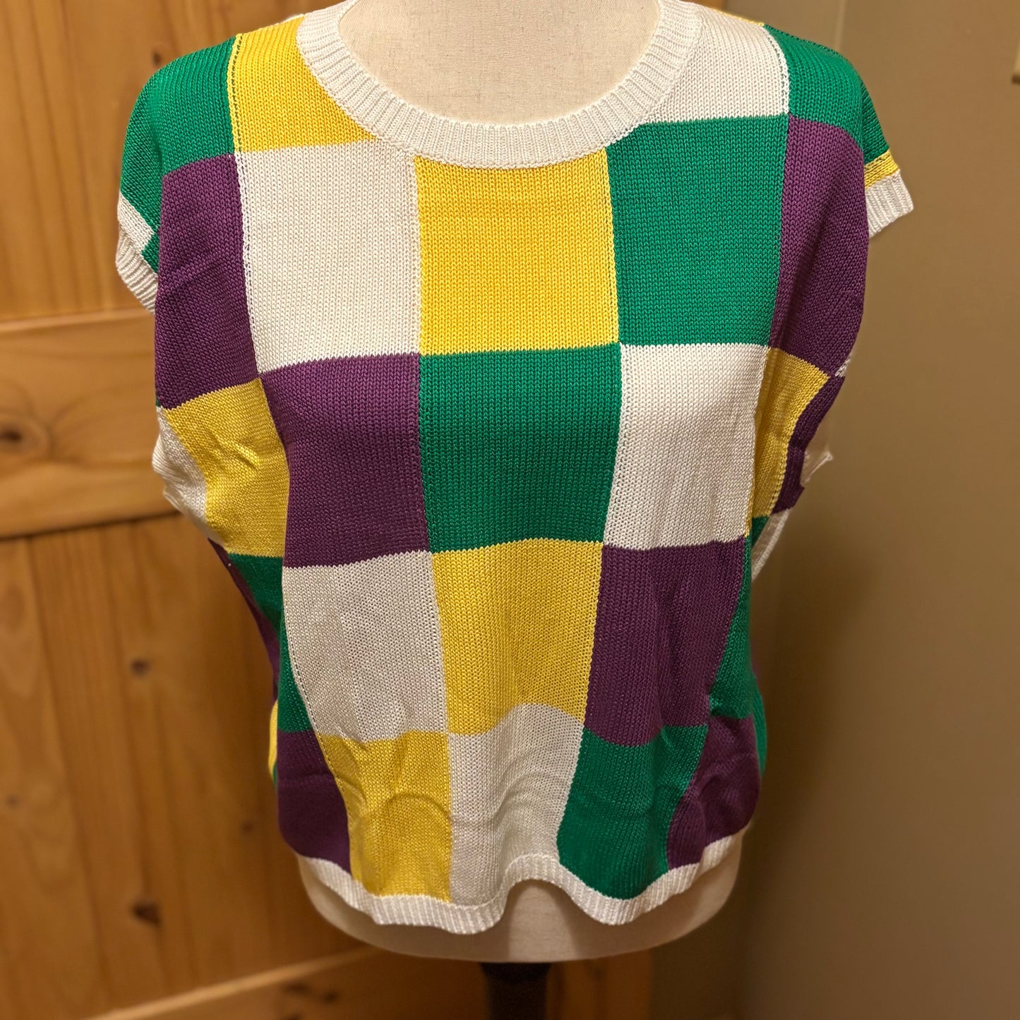 Mardi Gras Colorblock Cap Sleeve Knitted Sweater Top