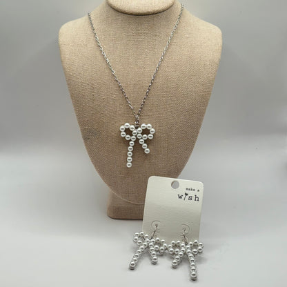 Chain Link Necklace Featuring Pearl Studded Bow Pendant or Earrings