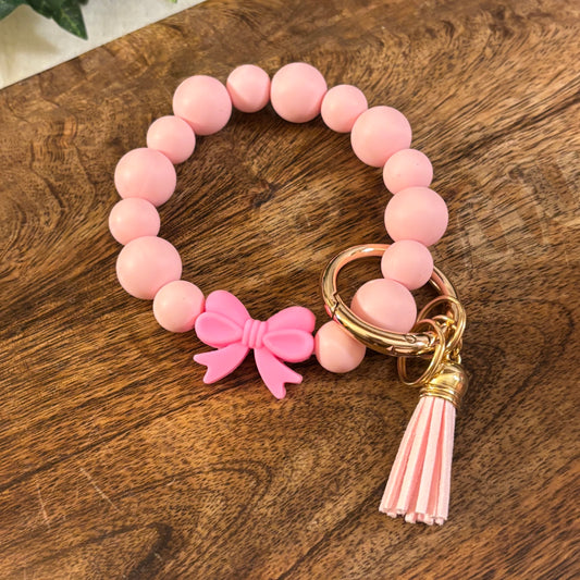 Chunky Pink Silicone Beaded Bangle Key Ring With Pink Bow