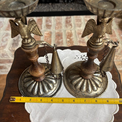 Set of 2 Vintage Dilly Wood and Metal Eagle Candle Holder with Snuffer on Chain