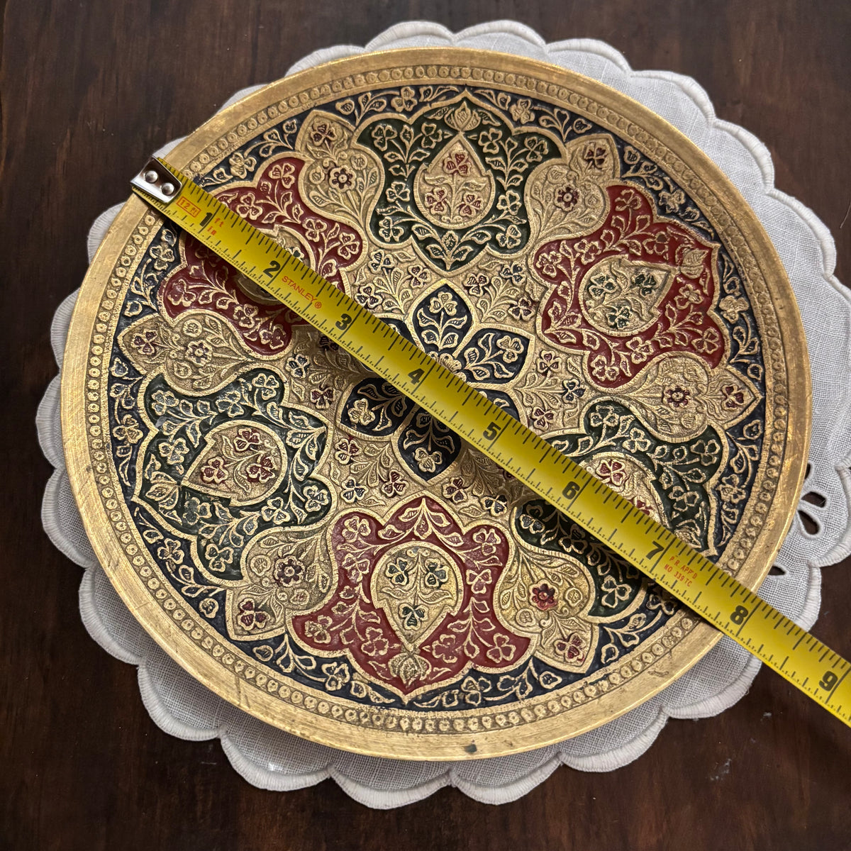 Solid Brass Etched Enamel Floral Footed Plate 8” • MCM