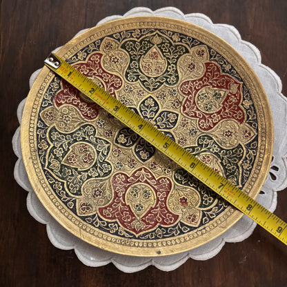 Solid Brass Etched Enamel Floral Footed Plate 8” • MCM