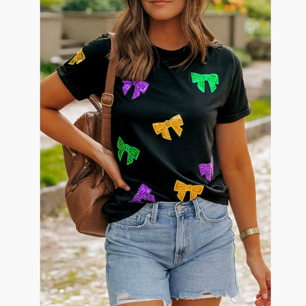 Mardi Gras Sequin Bow Knot Graphic T Short Sleeve Shirt