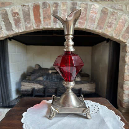 Hollywood Regency Style Candlestick Holder Featuring a Multi-faceted Ruby Red Glass (or lucite)