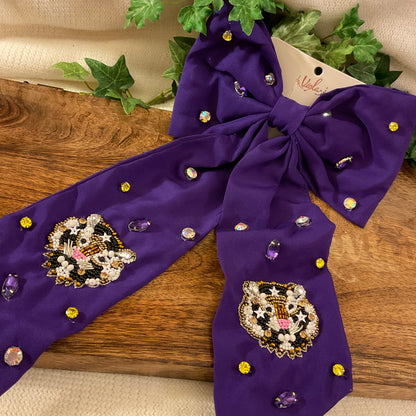 Geaux Tigers Hair Bow Featuring Seed Bead Tigers and Colored Stones