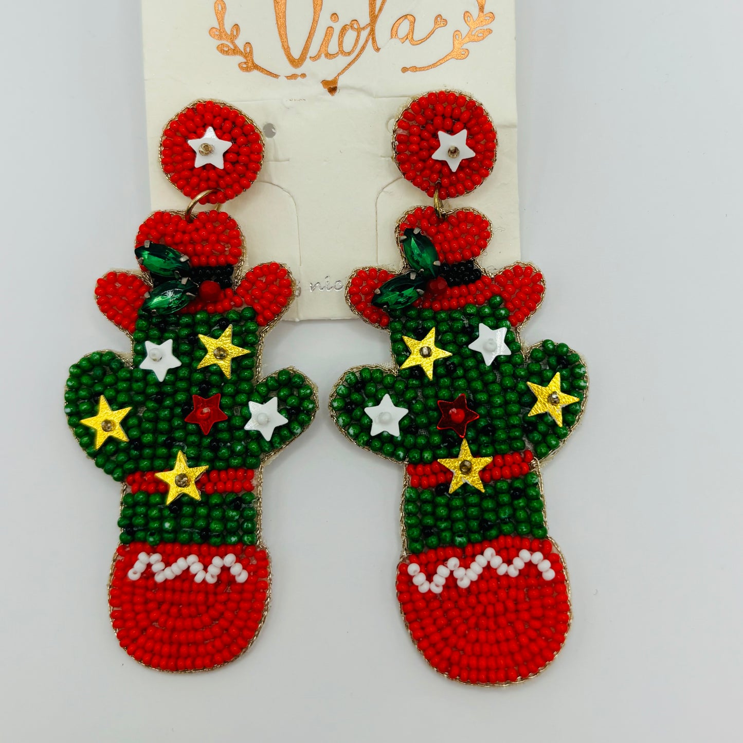 Christmas Statement Seed Bead Drop Earrings ~ Cowgirl Cactus • Cactus with Lights