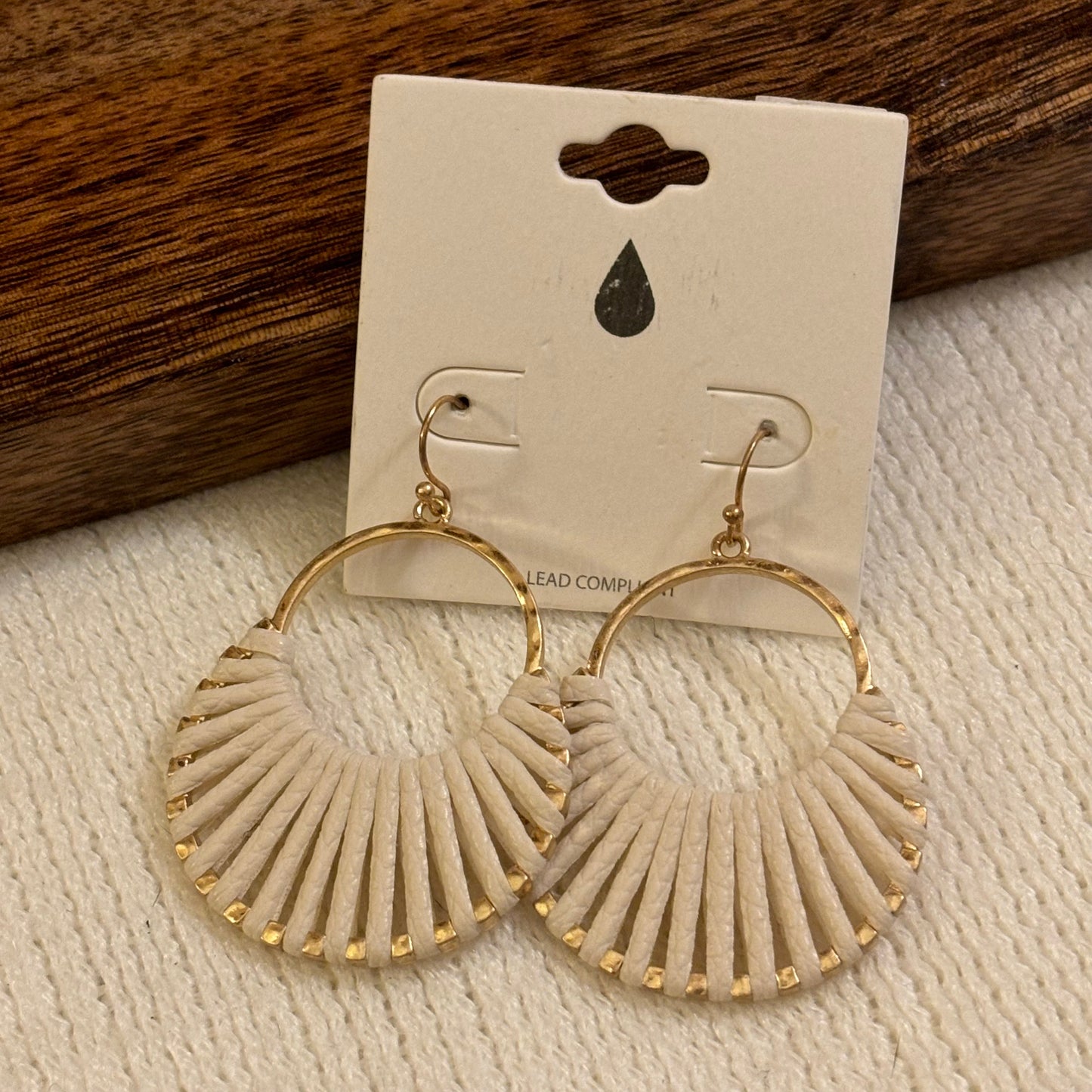 Ivory Leather And Gold Metal Dangle Earrings