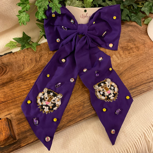 Geaux Tigers Hair Bow Featuring Seed Bead Tigers and Colored Stones