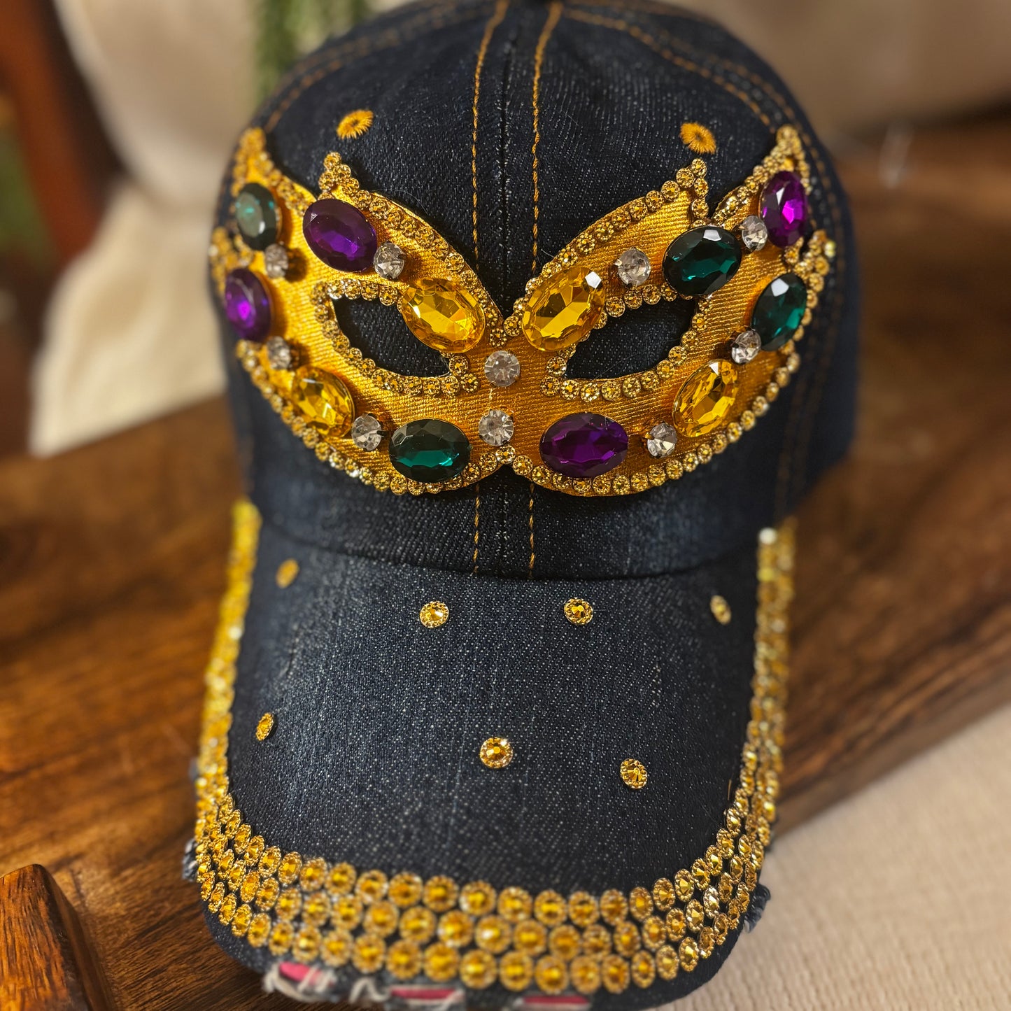 Mardi Gras Denim Hat with Mask and Green, Purple, Gold Stones