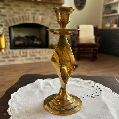 MCM Twisted Stem Brass Candlestick 7” with Beaded Embellishment on the trim